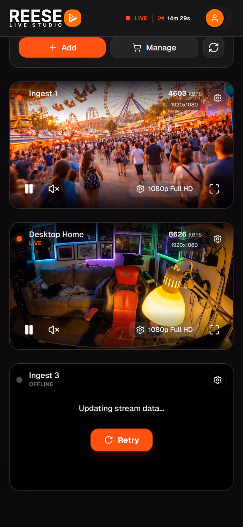 REESE Live Studio ingests and monitoring screen in a phone mockup